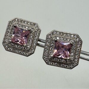 Silver Plated Pink CZ Halo Stud Earrings Square Princess Cut “NEW”